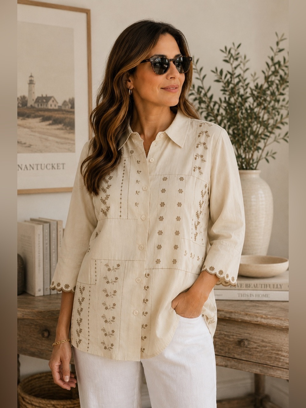 Denim & Co Embroidered Patchwork Button Front Tunic Top 1X Neutral Cottagecore